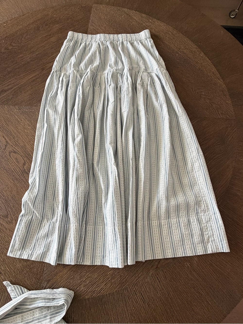 THE GREAT. Pale Blue & White Striped A-Line Midi Skirt with Sash - Picture 3 of 3